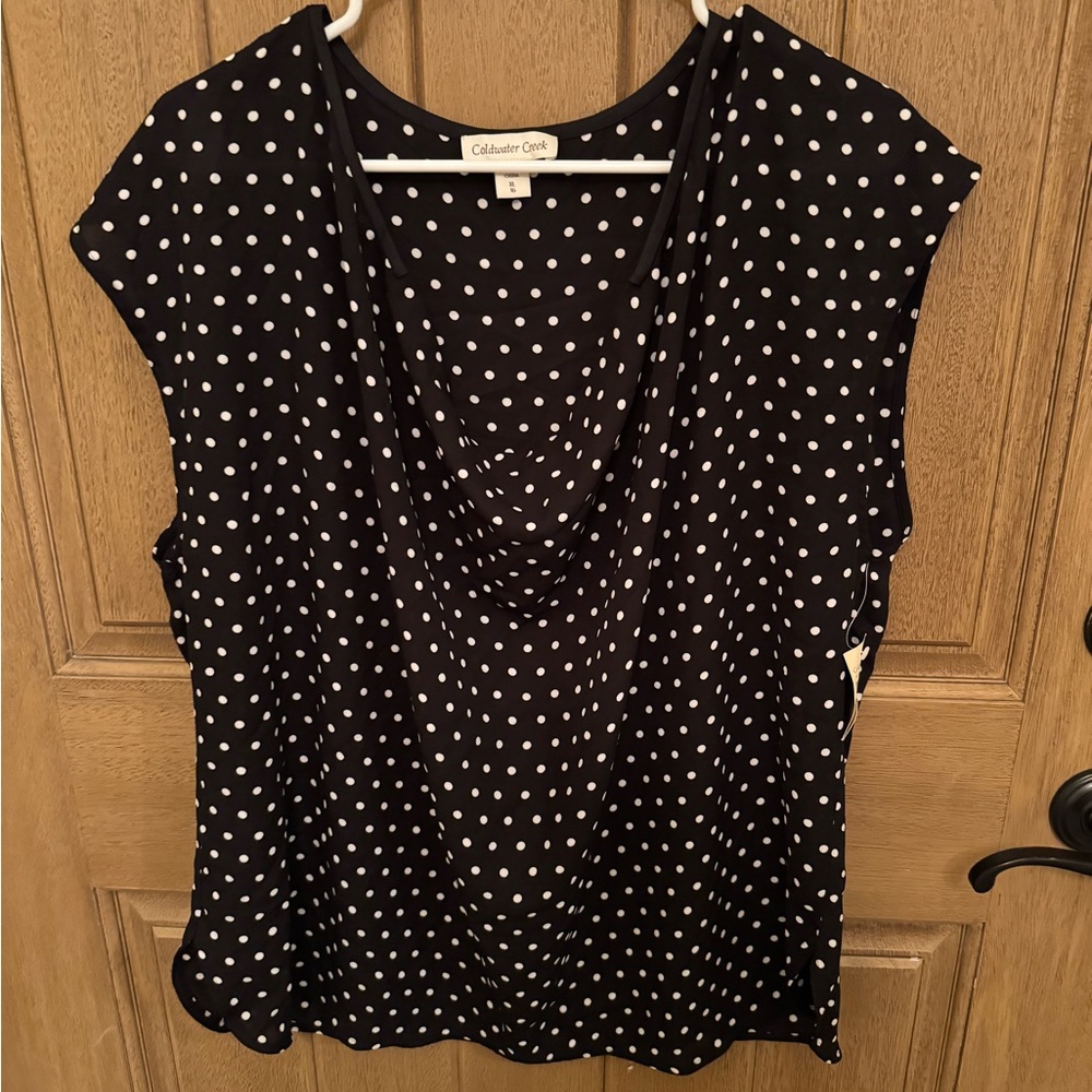 Coldwater Creek Navy and White Polka Dot Blouse